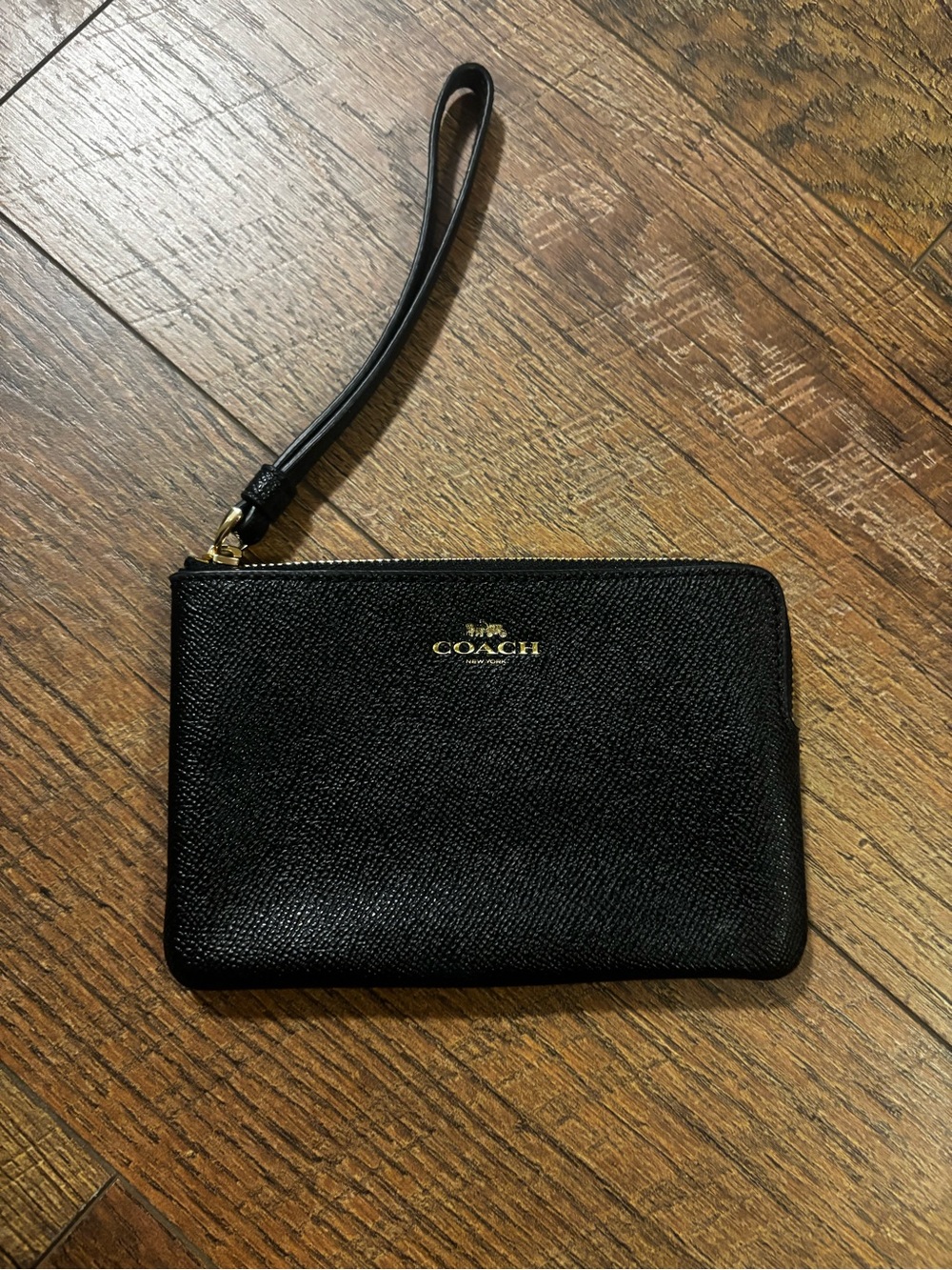 COACH Black Leather Wristlet with Gold Logo